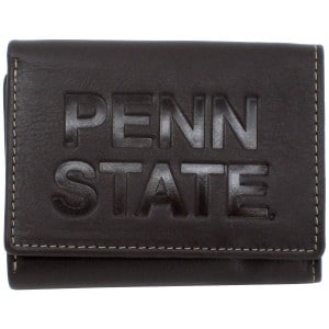 brown leather tri-fold wallet with debossed Penn State